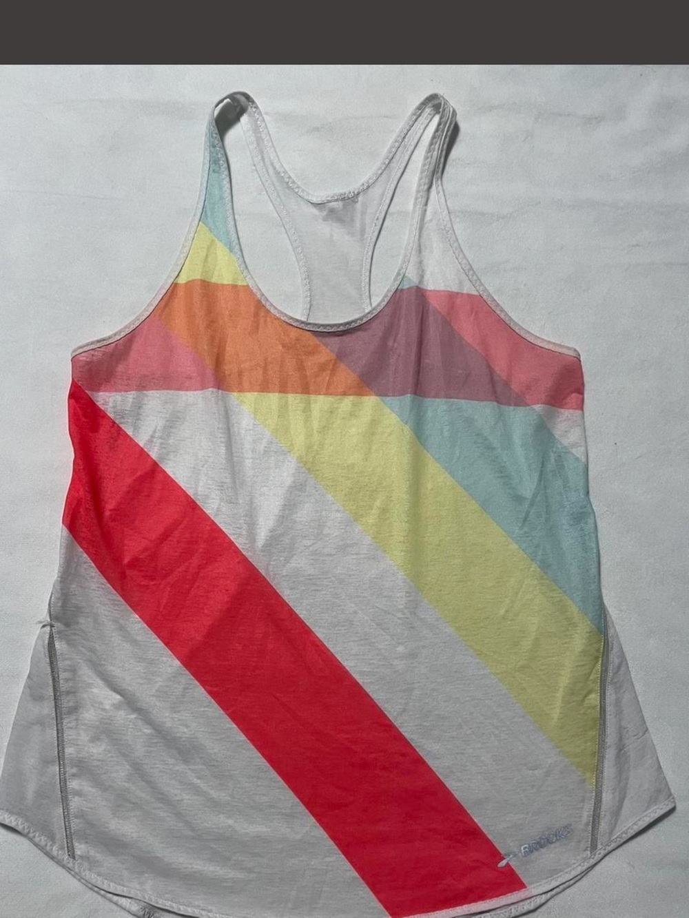 Brooks White Racerback Tank with Orange, Yellow & Mint Diagonal Stripes